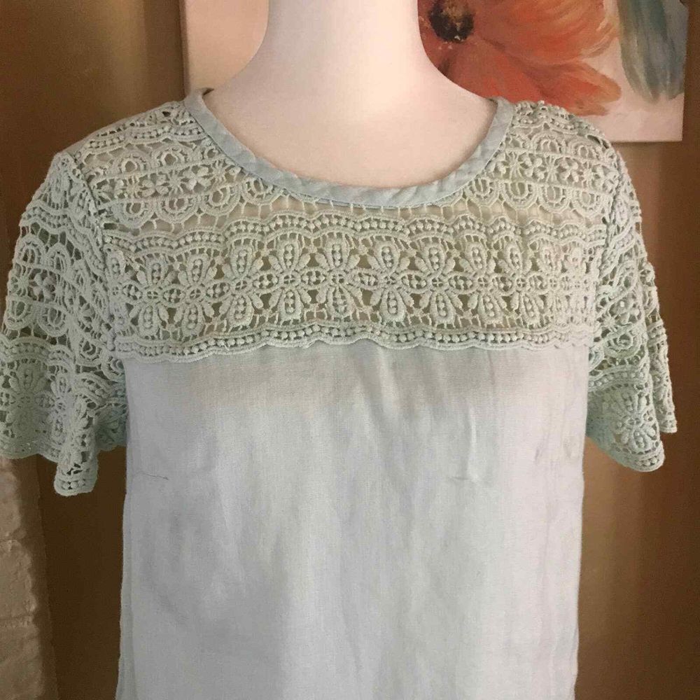 J Crew Top Womens 2 Mint Green Linen Crochet Lace Blouse‎ Beachy Cruise Vacation - Picture 5 of 13